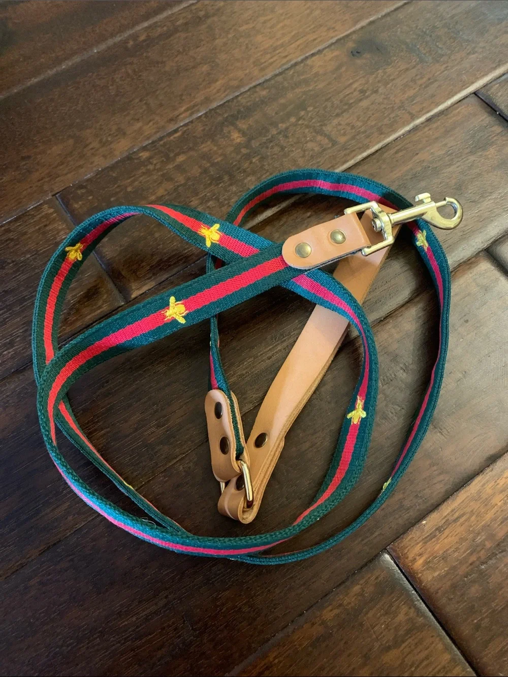 BEE on Green and Red Stripe Strap Dog Leash - Looking luxury sharp!